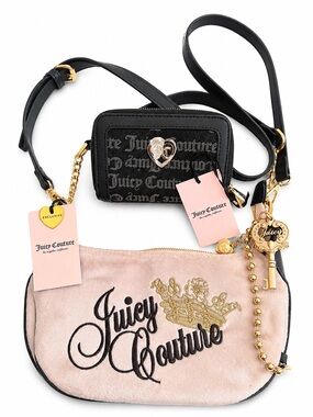 Juicy Couture Black & Blush Crossbody Pouch Set with Gold Charms